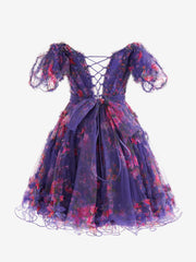 Ivana Purple A-Line Off-Shoulder Floral Print Homecoming Dress