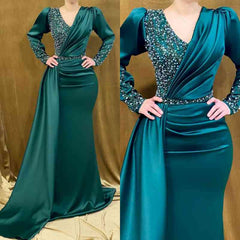 Jade Long Sleeves Prom Dress Mermaid V-Neck With Beads