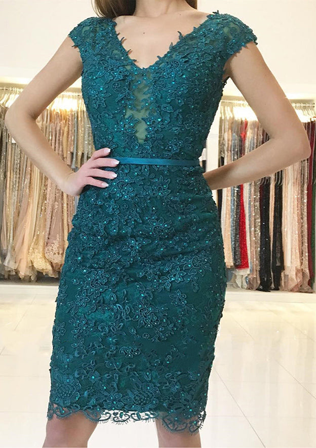 Knee-Length Beaded Homecoming Dress with Laced Sheath/Column V-Neck Sleeveless