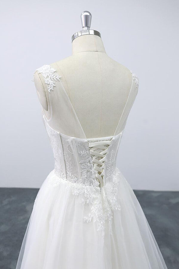 Lace-up V-neck Appliques Tulle A-line Wedding Dress On Sale