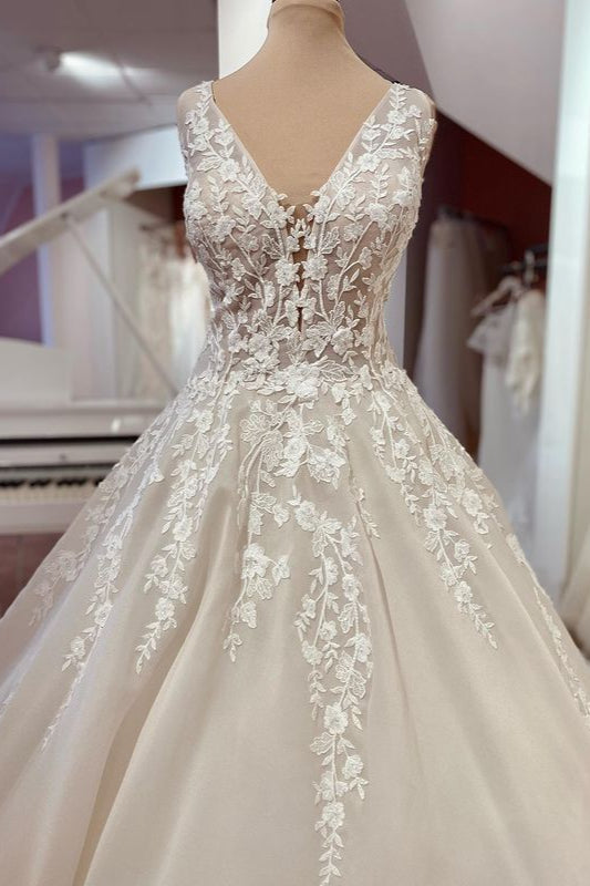 Lace Wedding Dress Princess V-Neck Sleeveless With Appliques