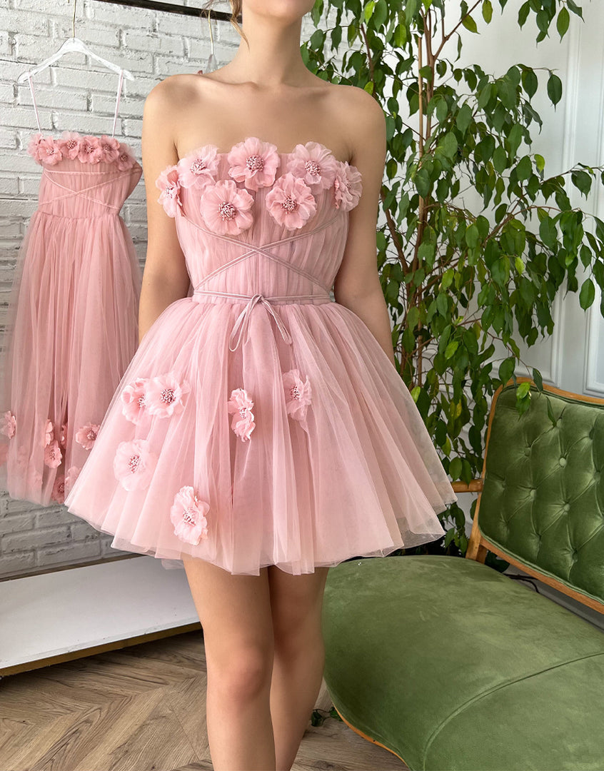 Iris A-Line Short Homecoming Dress with Handmade Floral Details