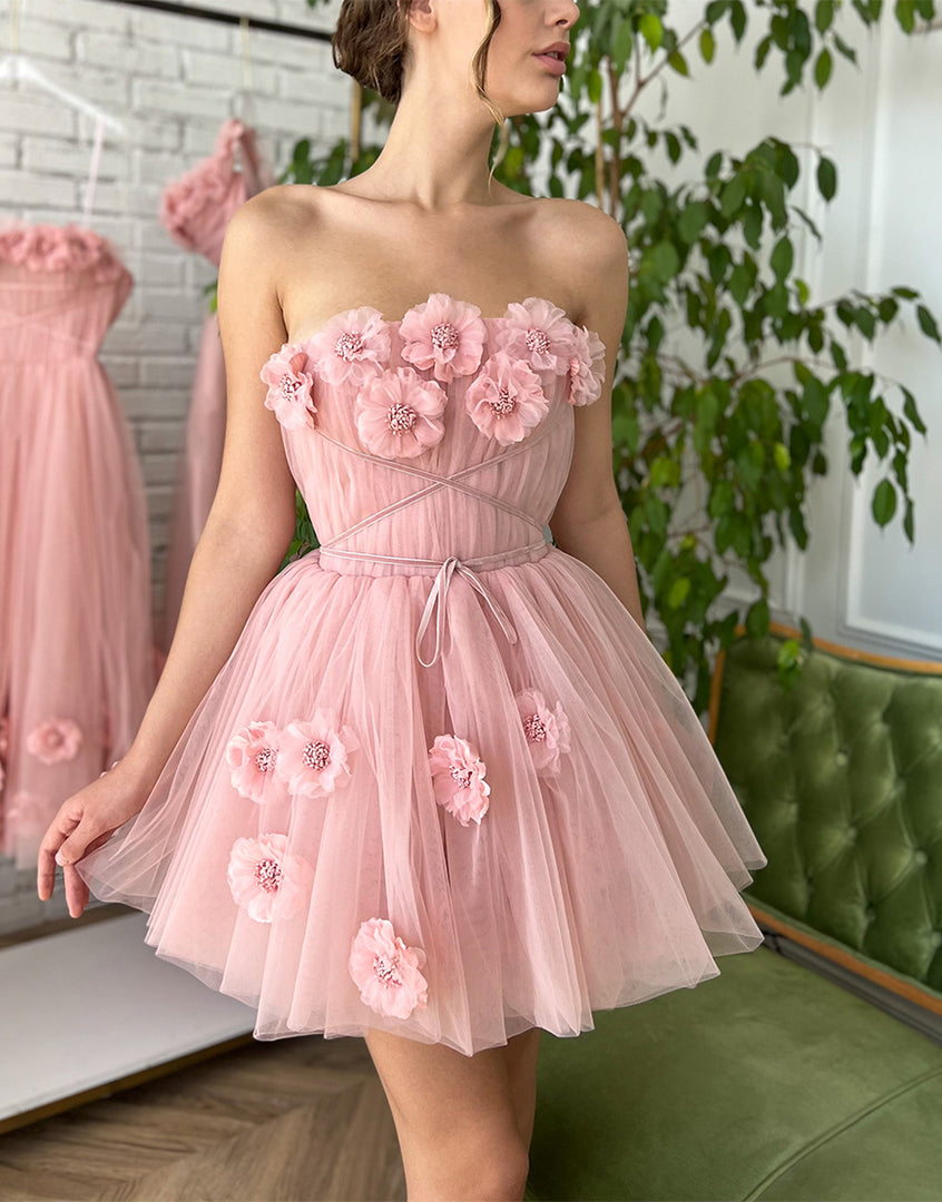 Iris A-Line Short Homecoming Dress with Handmade Floral Details