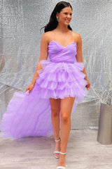 Lilac Tulle Strapless High-Low Homecoming Dress with Ruffled Hem