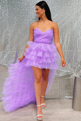 Lilac Tulle Strapless High-Low Homecoming Dress with Ruffled Hem