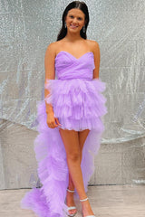 Lilac Tulle Strapless High-Low Homecoming Dress with Ruffled Hem