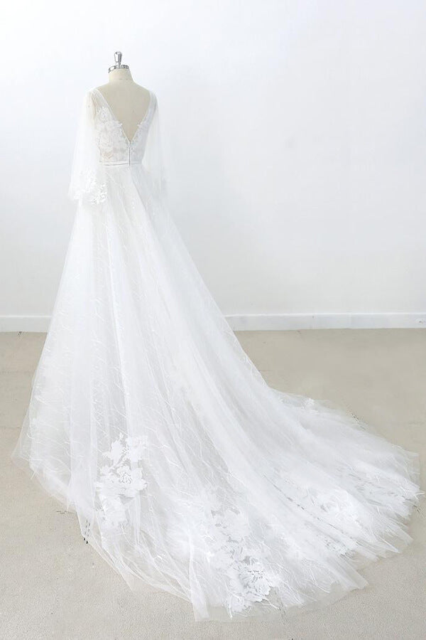 Long Sleeve V-neck Appliques Tulle Wedding Dress On Sale