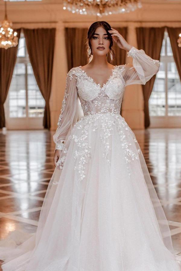 Long Sleeve Wedding Dress V-Neck With Lace Appliques