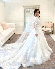 Long Sleeves Appliques Wedding Dress High Neck