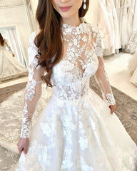 Long Sleeves Appliques Wedding Dress High Neck