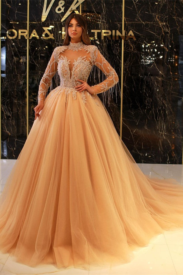 Long Sleeves Ball Gown Prom Dress Tulle With Appliques