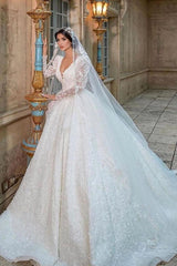 Long Sleeves Ball Gown Wedding Dress Appliques V-Neck Bridal Gown