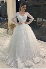 Long Sleeves Ball Gown Wedding Dress Lace Bridal Gowns V-Neck