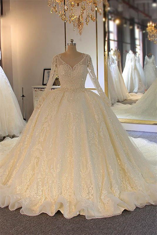 Long Sleeves Ball Gown Wedding Dress With Lace Appliques-Newinlook