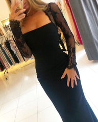 Long Sleeves Black Mermaid Prom Dress Long With Lace