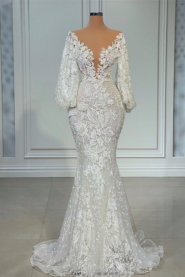 Long Sleeves Bridal Gowns Mermaid With Lace Appliques