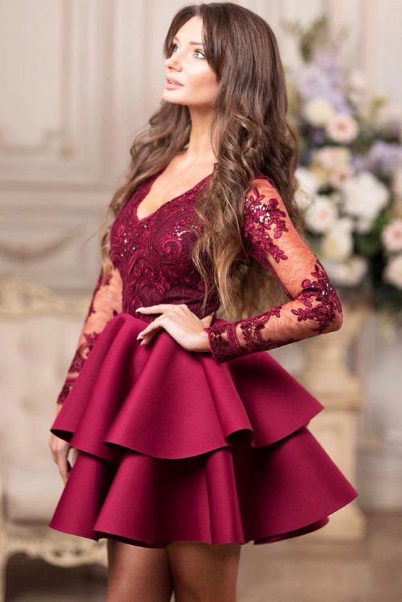 Long Sleeves Burgundy Short Prom Dress With Appliques