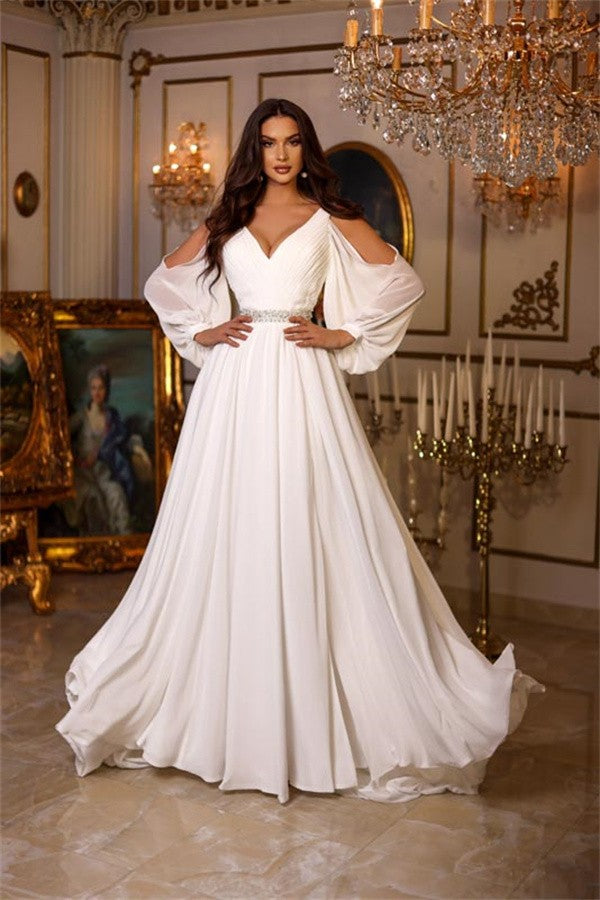 Long Sleeves Chiffon Wedding Dress Long With Split Online