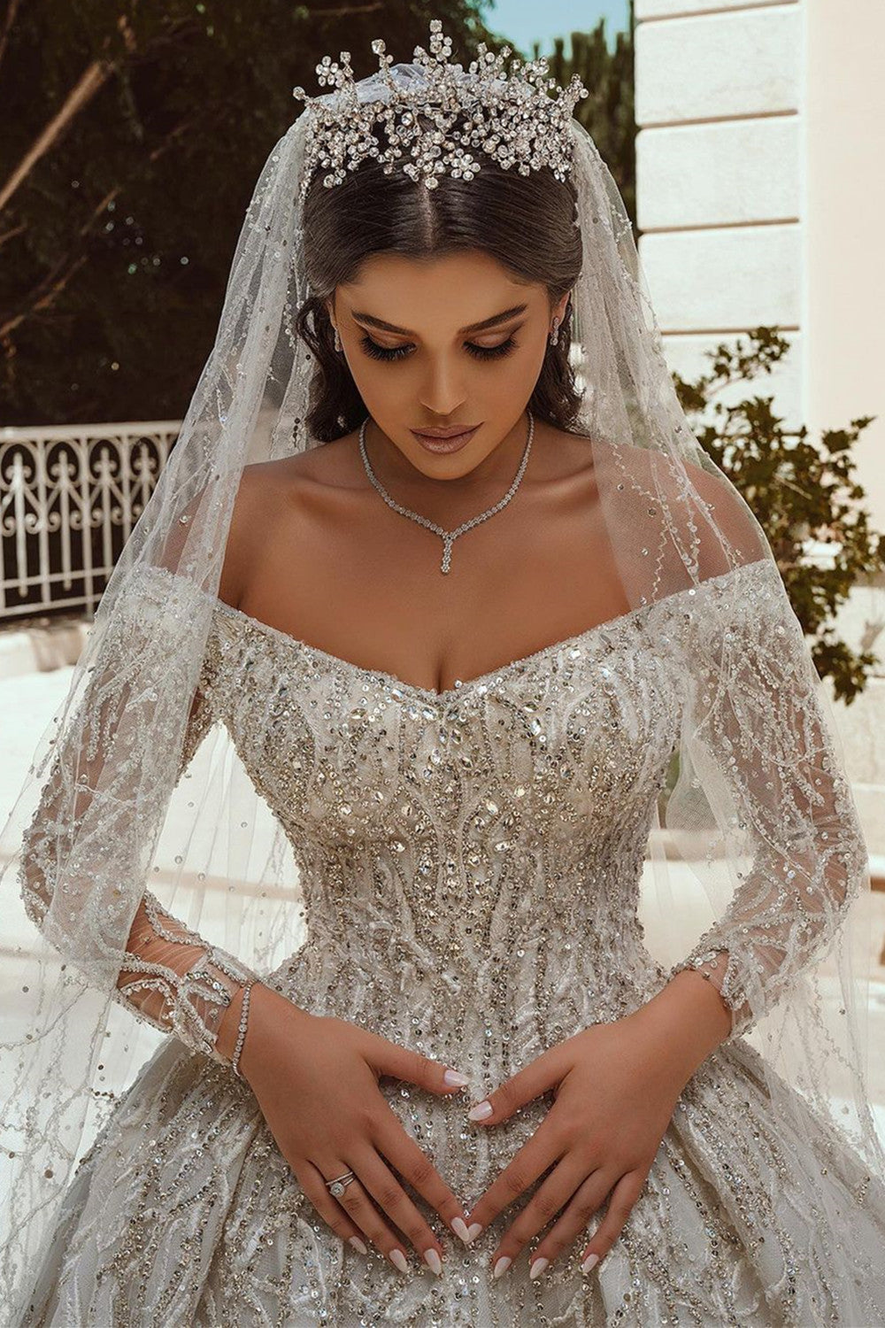 Long Sleeves Crystal Wedding Dress Ball Gown Off-the-Shoulder