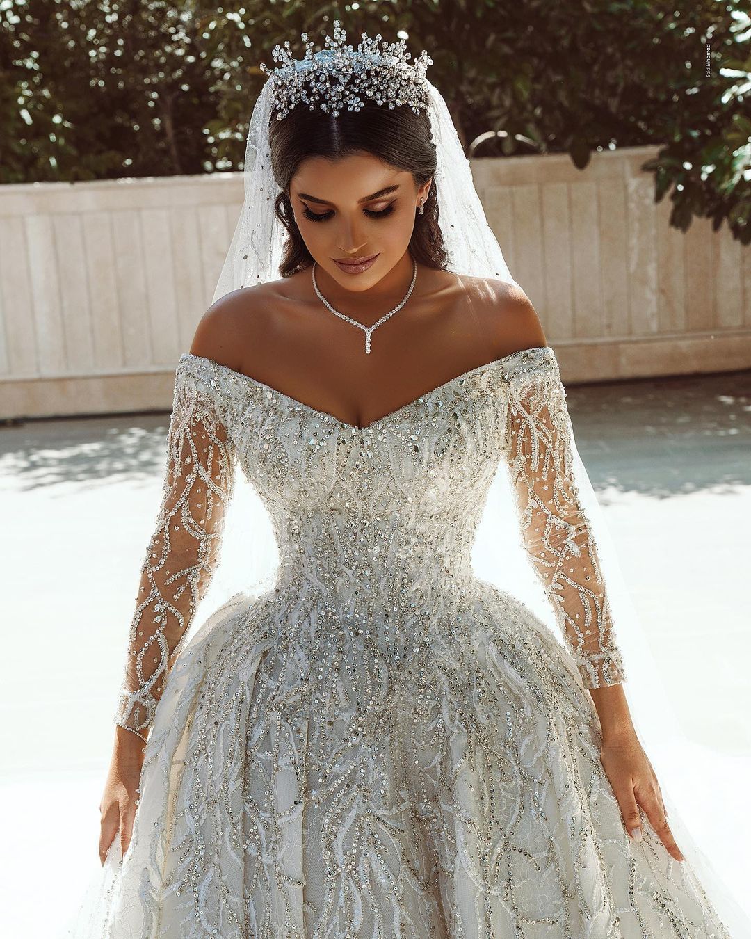 Long Sleeves Crystal Wedding Dress Ball Gown Off-the-Shoulder