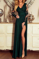 Long Sleeves Dark Green Prom Dress Lace With Split