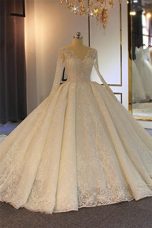 Long Sleeves Delicate Lace Wedding Dress Ball Gown-Newinlook