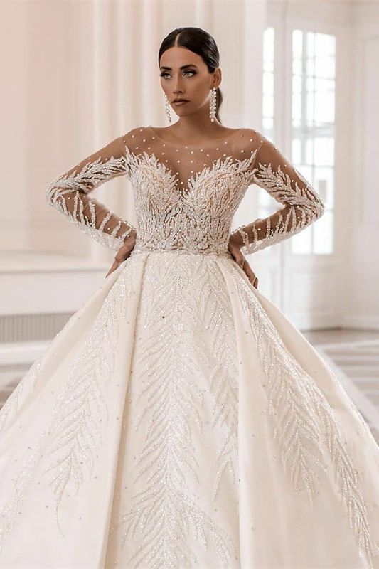 Long Sleeves Delicate Wedding Dress Ball Gown With Beads