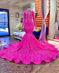 Long Sleeves Fuchsia Prom Dress Mermaid Sequins Online