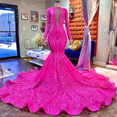 Long Sleeves Fuchsia Prom Dress Mermaid Sequins Online