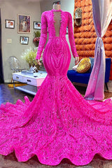 Long Sleeves Fuchsia Prom Dress Mermaid Sequins Online