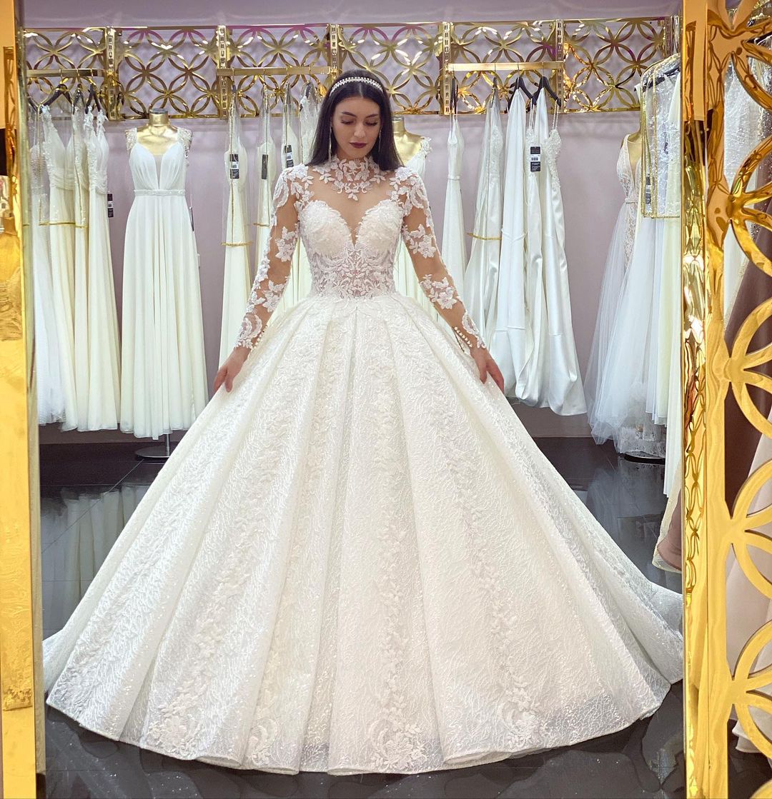 Long Sleeves High Neck Wedding Dress Ball Gown Tulle Online