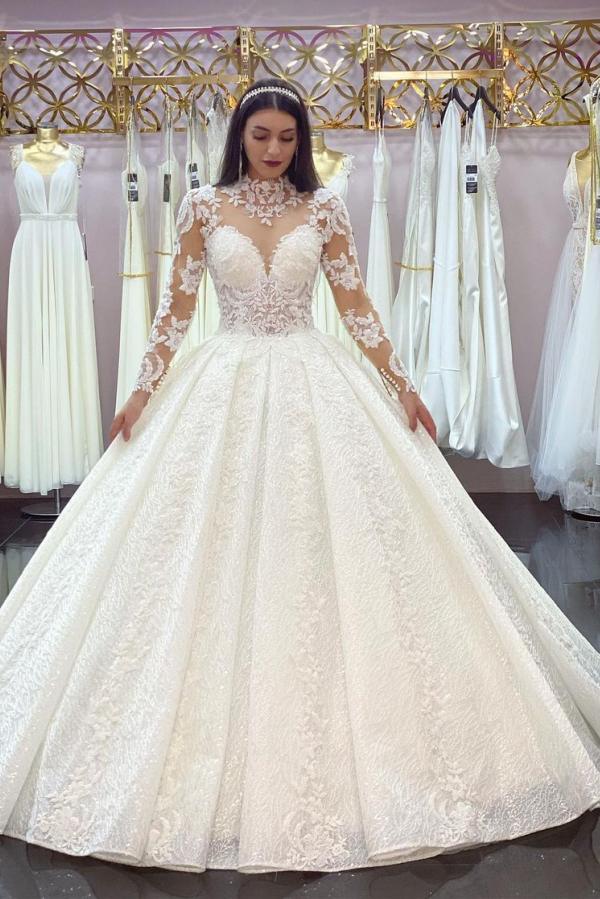 Long Sleeves High Neck Wedding Dress Ball Gown Tulle Online