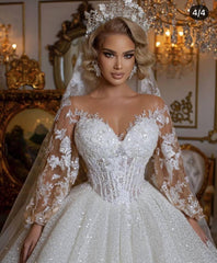 Long Sleeves Lace Ball Gown Wedding Dress Bubble Sleeves