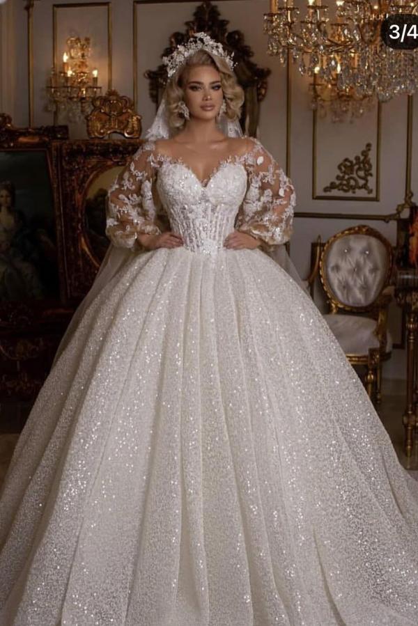 Long Sleeves Lace Ball Gown Wedding Dress Bubble Sleeves