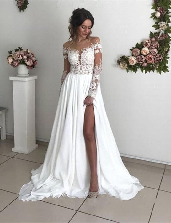 Long Sleeves Lace Beach Wedding Dress With Split Chiffon Bridal Gowns