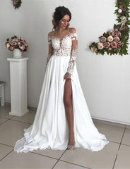 Long Sleeves Lace Beach Wedding Dress With Split Chiffon Bridal Gowns