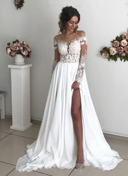 Long Sleeves Lace Beach Wedding Dress With Split Chiffon Bridal Gowns