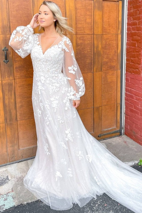 Long Sleeves Lace Wedding Dress A-Line V-Neck