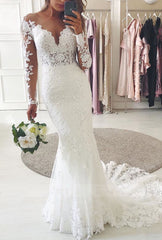 Long Sleeves Lace Wedding Dress Mermaid V-Neck