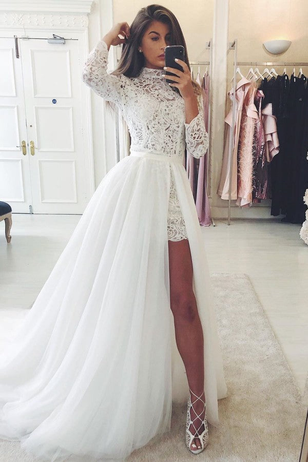 Long Sleeves Lace Wedding Dress With Tulle Removable Skirt