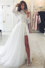 Long Sleeves Lace Wedding Dress With Tulle Removable Skirt