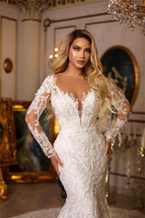 Long Sleeves Lace Wedding Gown Mermaid V-Neck Online