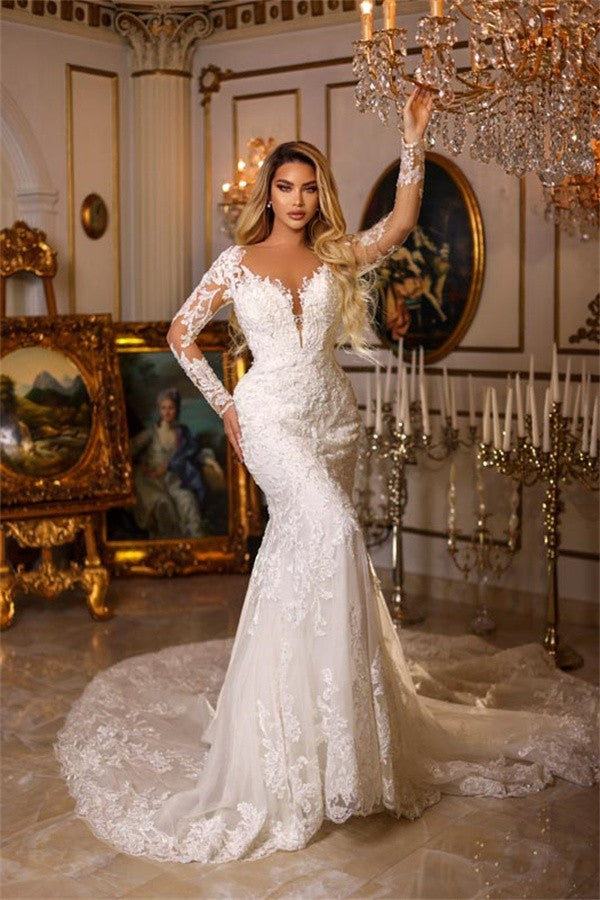 Long Sleeves Lace Wedding Gown Mermaid V-Neck Online