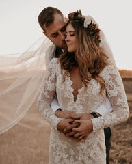 Long Sleeves Mermaid Wedding Dress Boho Lace Bridal Gowns