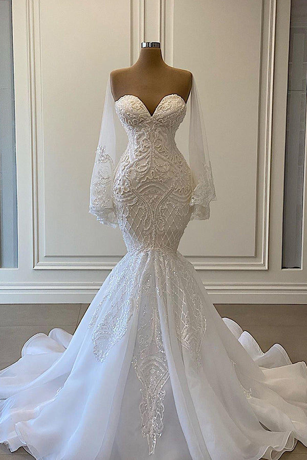 Long Sleeves Mermaid Wedding Dress Lace Appliques