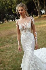 Long Sleeves Mermaid Wedding Dress Lace Applqiues Bridal Wear