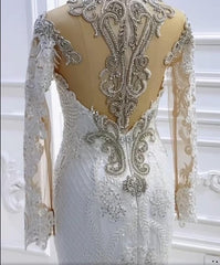 Long Sleeves Mermaid Wedding Dress Lace Bridal Gowns With Crystal