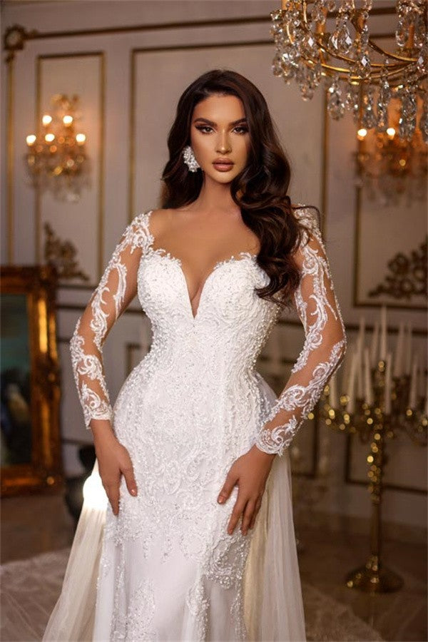 Long Sleeves Mermaid Wedding Dress Lace With Ruffles