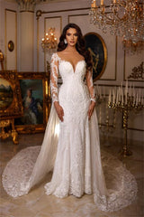 Long Sleeves Mermaid Wedding Dress Lace With Ruffles