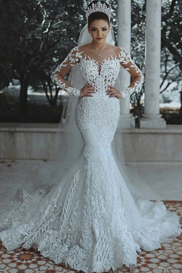 Long Sleeves Mermaid Wedding Dress With Lace Appliques